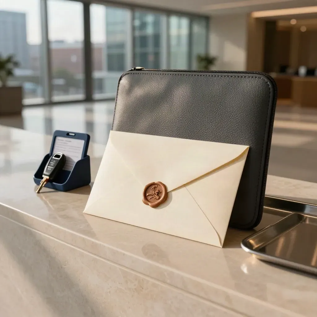 Cream offer envelope, keycard and laptop sleeve in a polished policy foyer with city glass