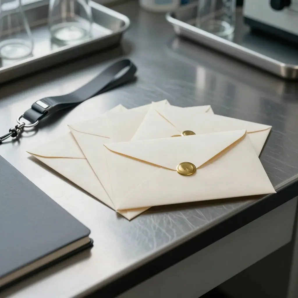 Four sealed interview invitations on a lab bench beside a lanyard and notebook in soft afternoon light.