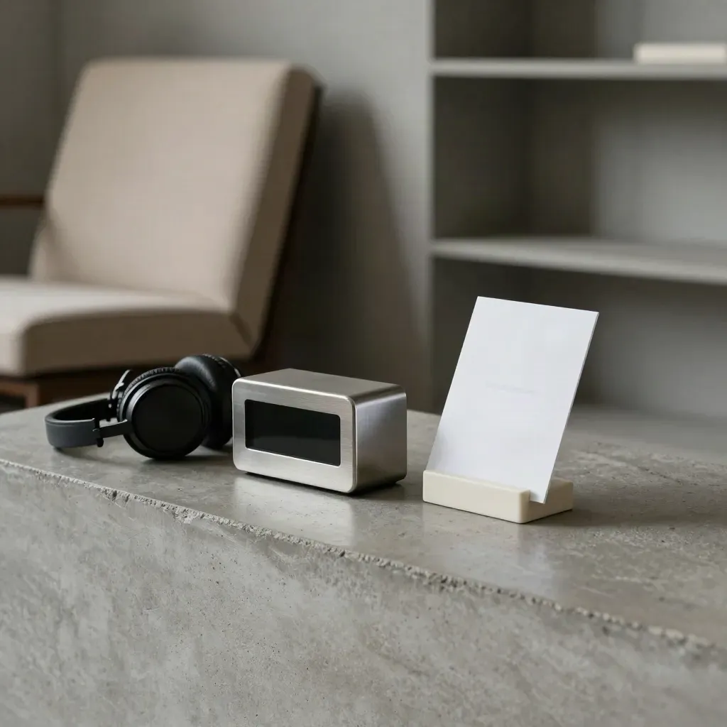 Desk timer, closed headphones and cue-card stand in a quiet interview practice nook.